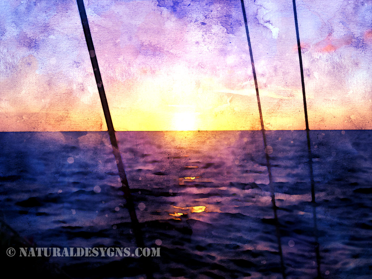 A Caribbean sunset with radiant beams of light twisting across the sky, rendered in watercolor